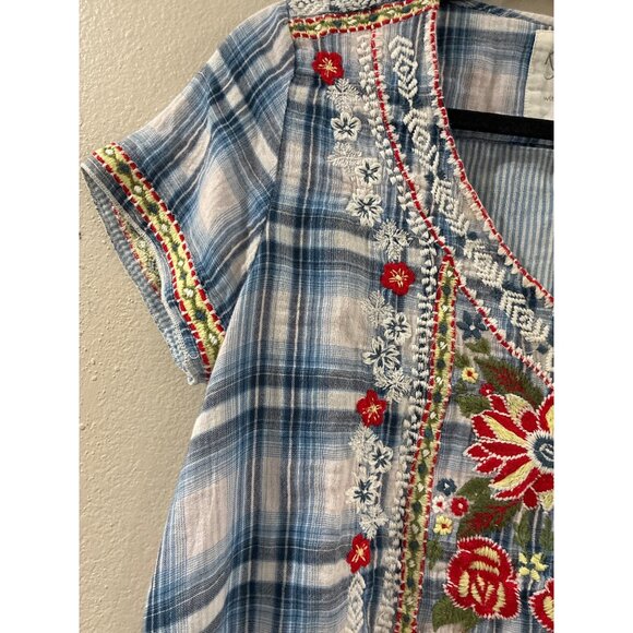Kyla Seo blue white plaid floral embroidered short sleeve boho tunic shirt large - Picture 8 of 10